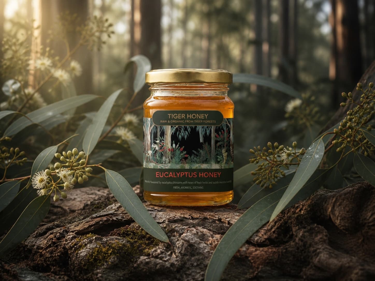 Eucalyptus Honey jar in a blue-green eucalyptus grove