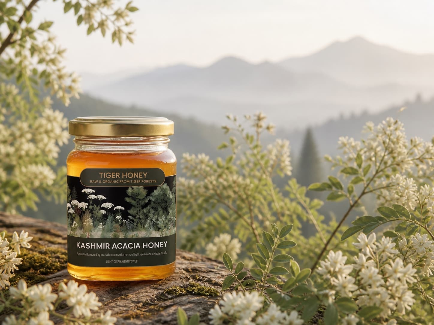 Kashmir Acacia Honey with pale blossoms and mountain woodland
