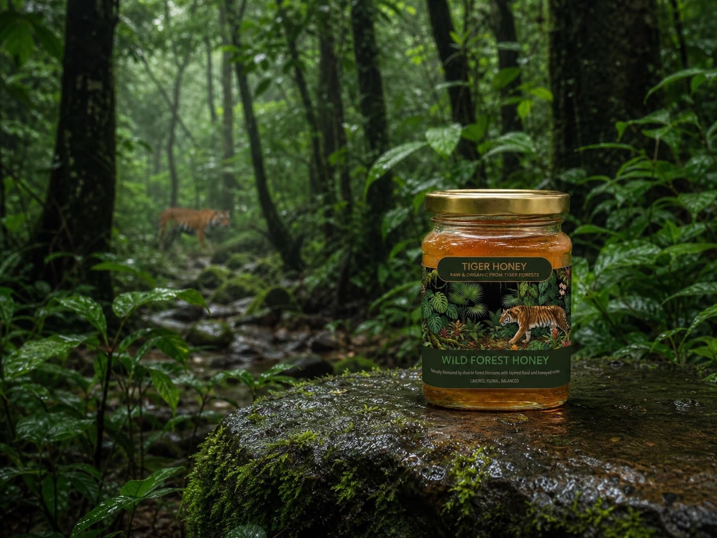 Wild Forest Honey jar on wet forest stone