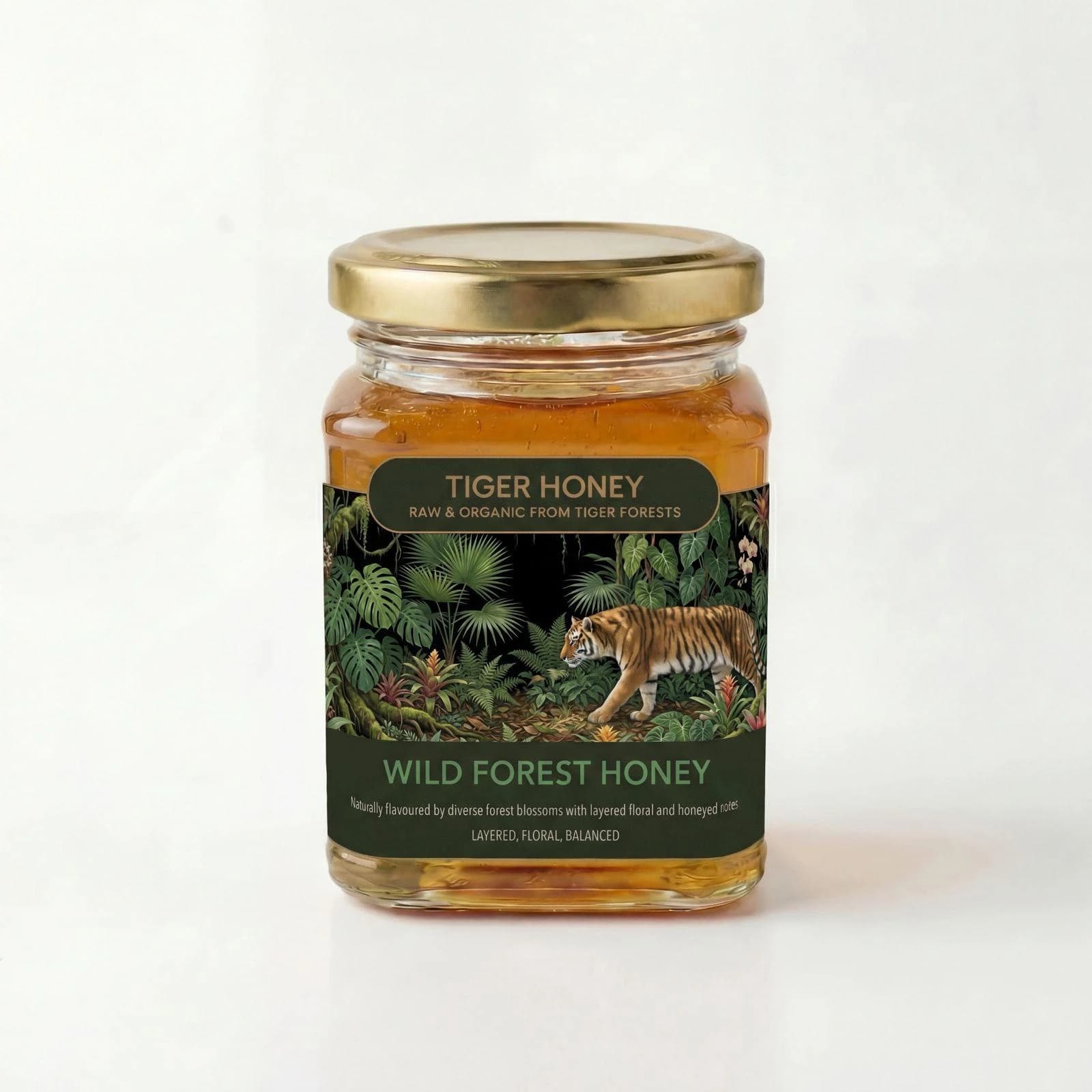 Studio photograph of a glass jar of dark amber Wild Forest Honey with forest botanical styling